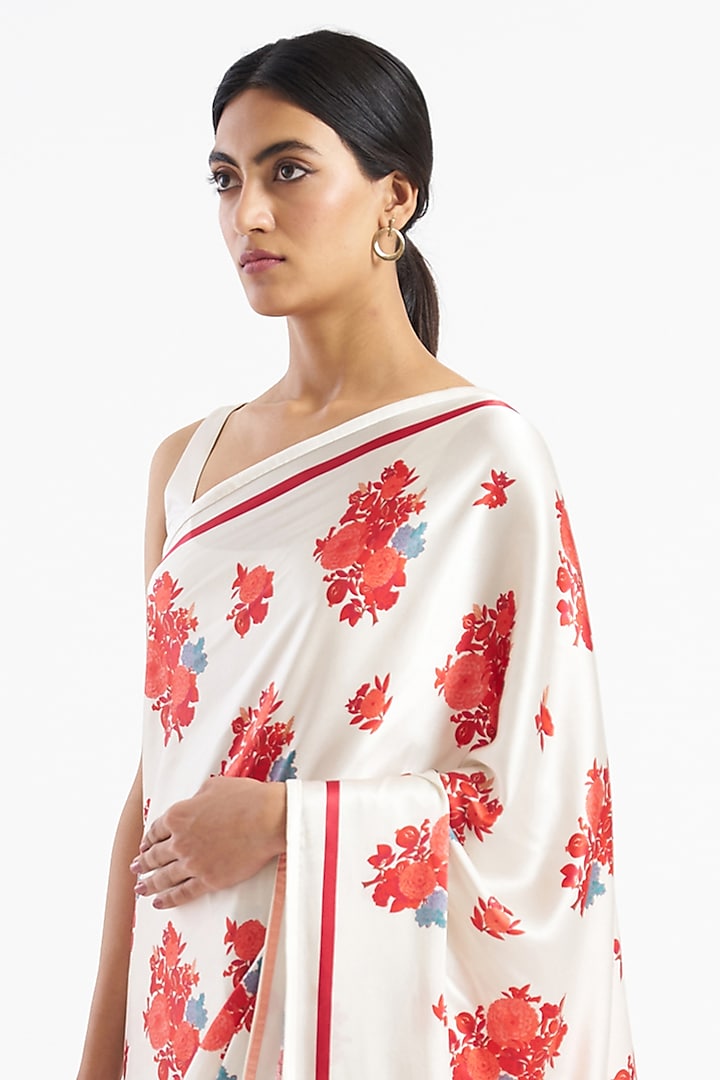 White Silk Satin Crepe Floral Printed Party Wear Saree by Kshitij Jalori at Pernia's Pop Up Shop