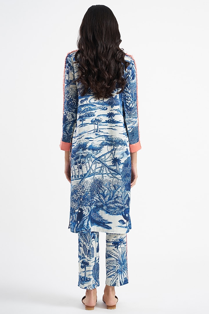 Tanzanite Blue & Ivory Printed Kurta Set by Kshitij Jalori at Pernia's Pop Up Shop
