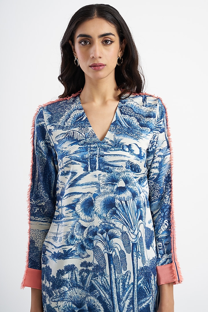 Tanzanite Blue & Ivory Printed Kurta Set by Kshitij Jalori at Pernia's Pop Up Shop