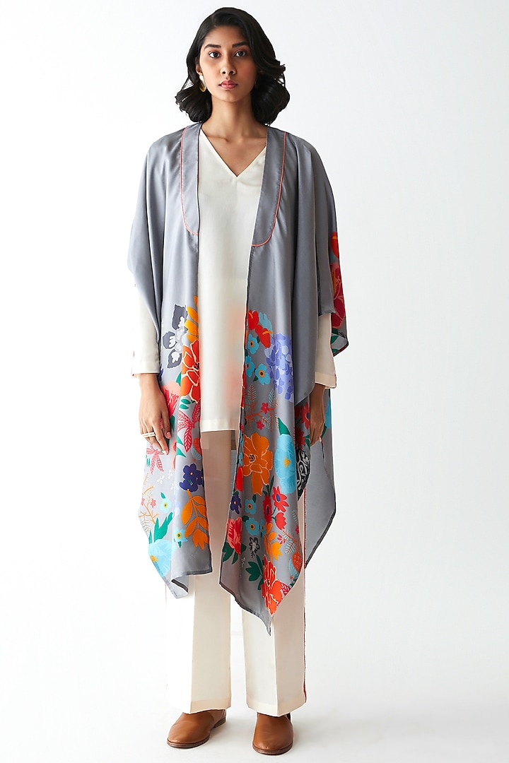 Grey Printed Dupatta Jacket by Kshitij Jalori