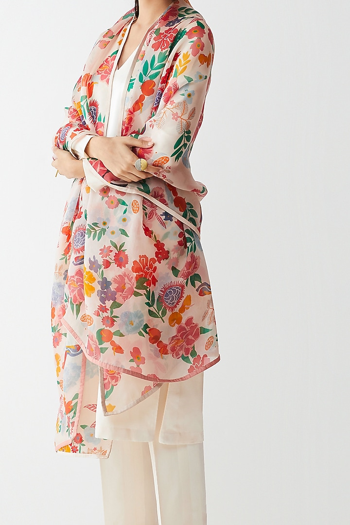 Beige Floral Printed Dupatta by Kshitij Jalori at Pernia's Pop Up Shop