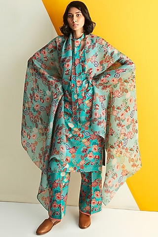 Mint Green Floral Printed Dupatta by Kshitij Jalori