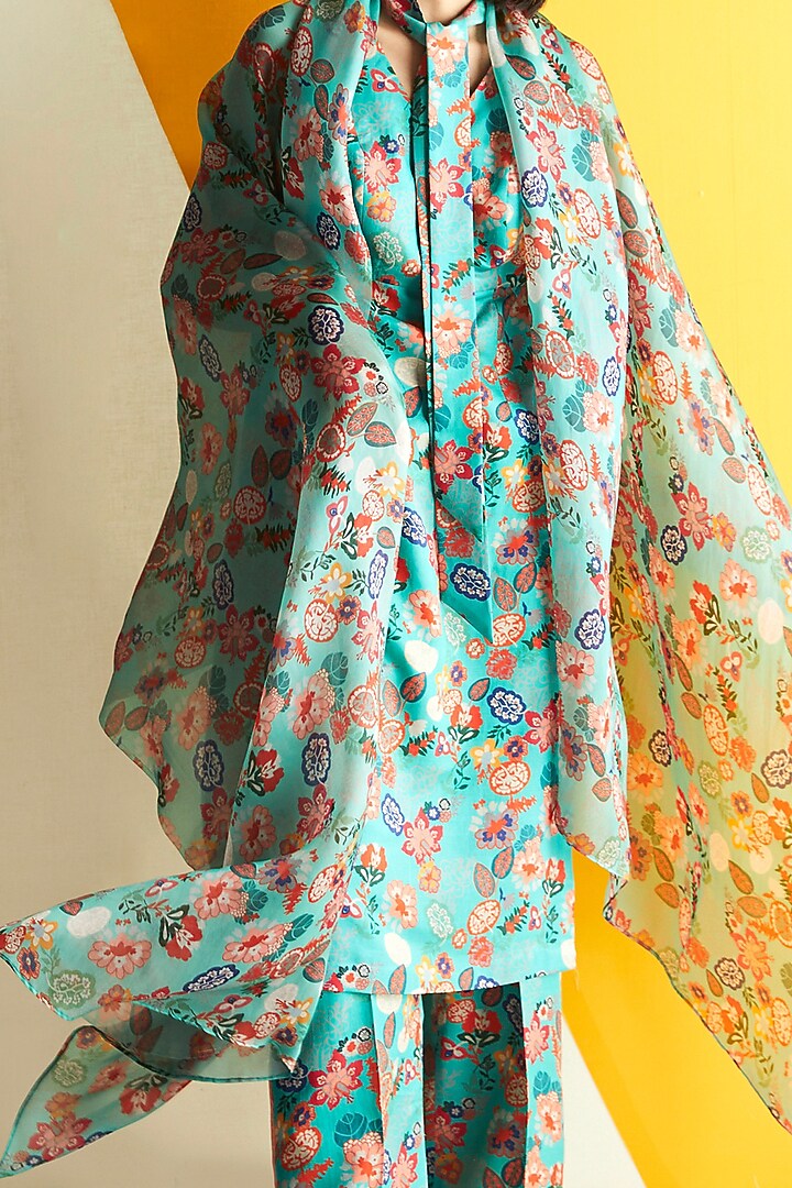 Mint Green Floral Printed Dupatta by Kshitij Jalori at Pernia's Pop Up Shop