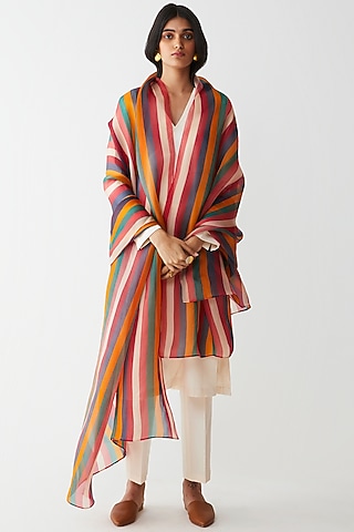 Multi Colored Stripes Printed Dupatta by Kshitij Jalori