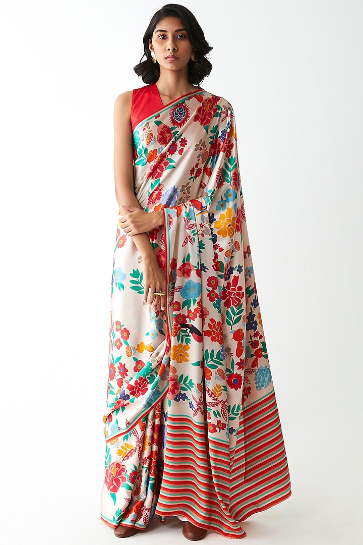 Ivory Floral Printed & Striped Saree by Kshitij Jalori