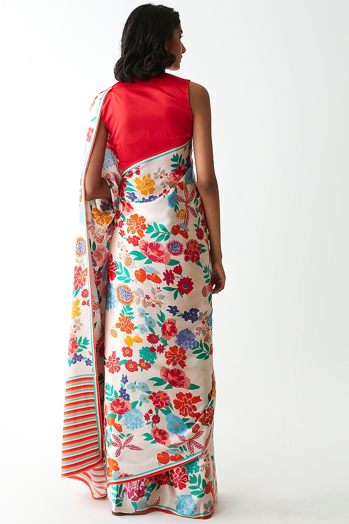 Ivory Floral Printed & Striped Party Wear Saree by Kshitij Jalori at Pernia's Pop Up Shop