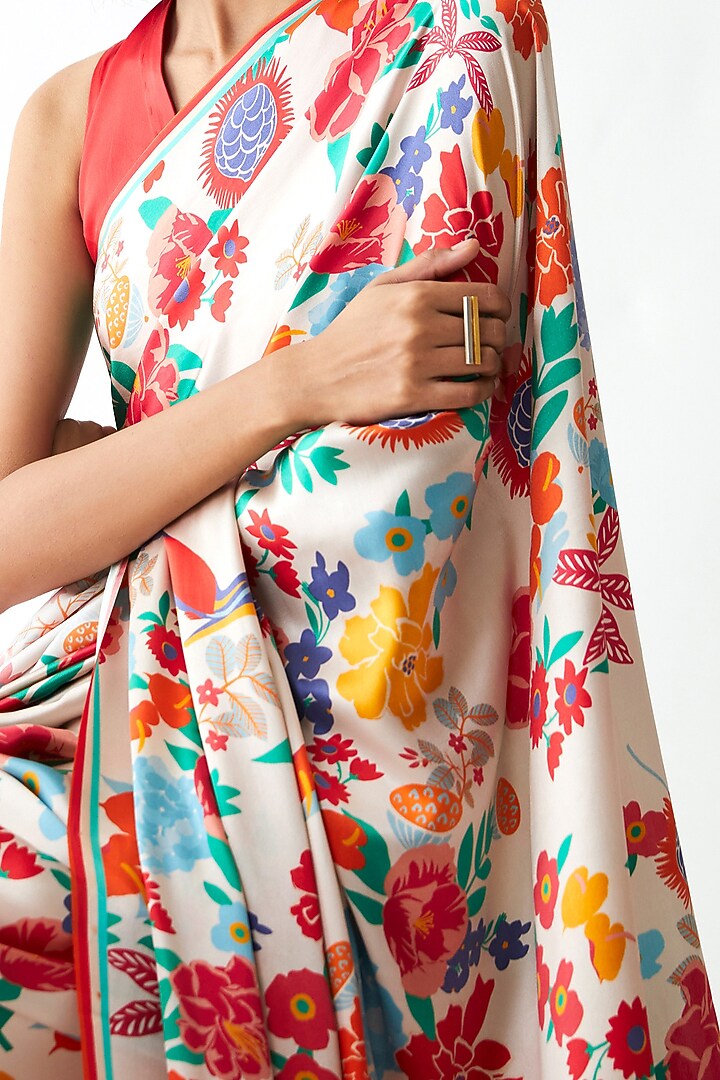 Ivory Floral Printed & Striped Party Wear Saree by Kshitij Jalori at Pernia's Pop Up Shop