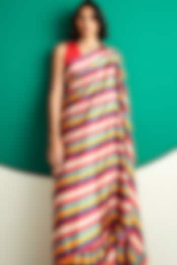 Multi Colored Silk Satin Stripes Printed Saree by Kshitij Jalori