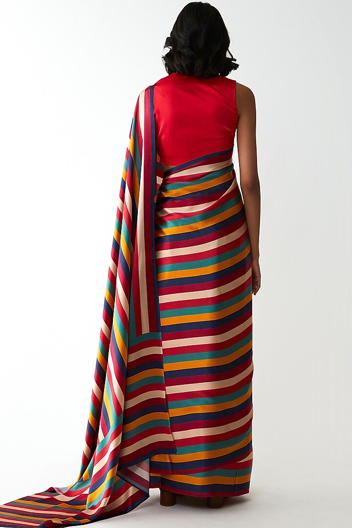 Multi Colored Silk Satin Stripes Printed Party Wear Saree by Kshitij Jalori at Pernia's Pop Up Shop