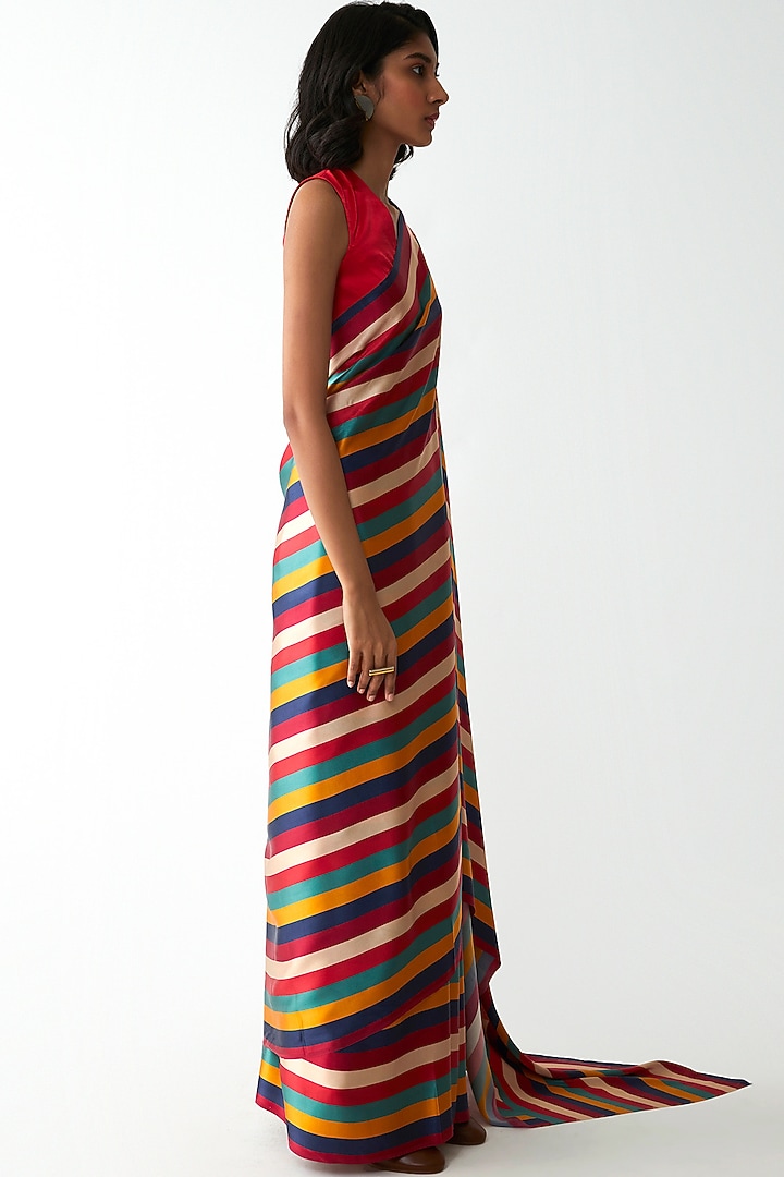 Multi Colored Silk Satin Stripes Printed Party Wear Saree by Kshitij Jalori at Pernia's Pop Up Shop