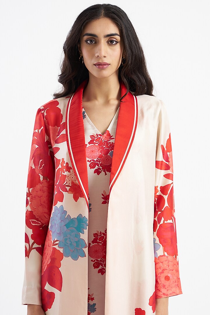 Ivory Floral Printed Robe Jacket by Kshitij Jalori at Pernia's Pop Up Shop