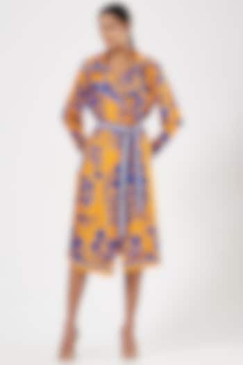 Mustard Silk Velvet Printed Dress With Belt by Kshitij Jalori