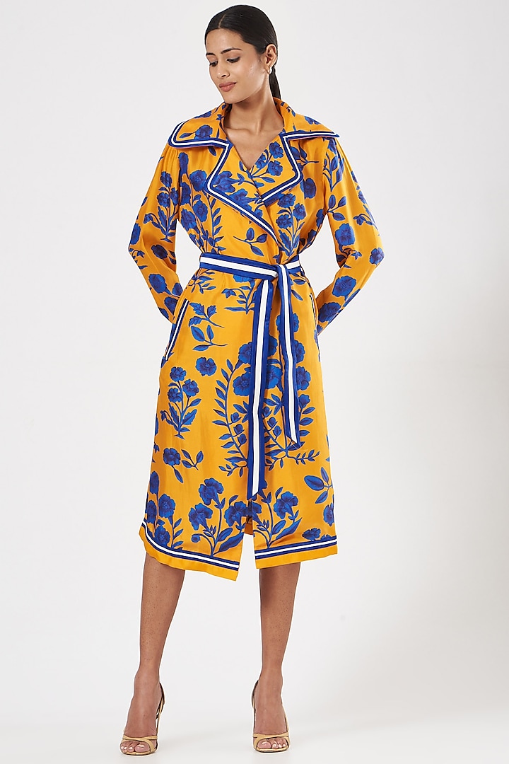 Mustard Silk Velvet Printed Dress With Belt by Kshitij Jalori