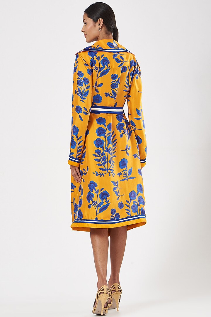 Mustard Silk Velvet Printed Cocktail Dress With Belt by Kshitij Jalori at Pernia's Pop Up Shop