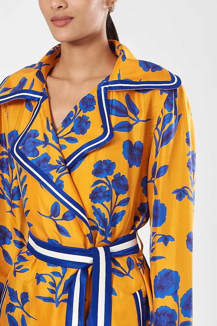 Mustard Silk Velvet Printed Cocktail Dress With Belt by Kshitij Jalori at Pernia's Pop Up Shop