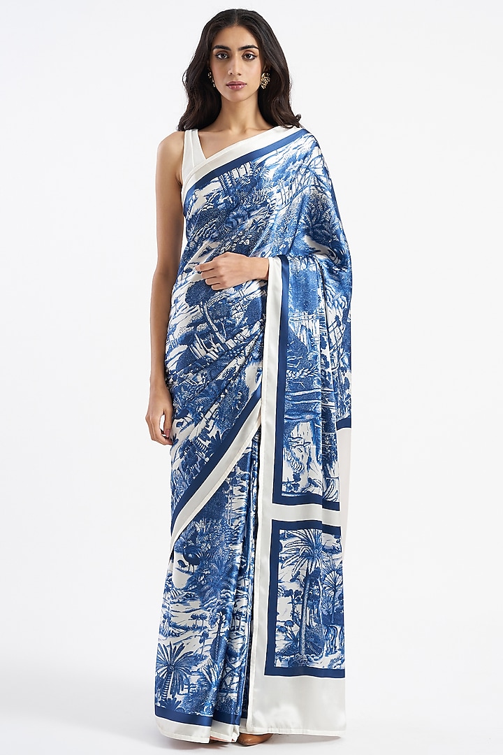 Dark Blue Silk Satin Crepe Printed Ranthambore Saree by Kshitij Jalori