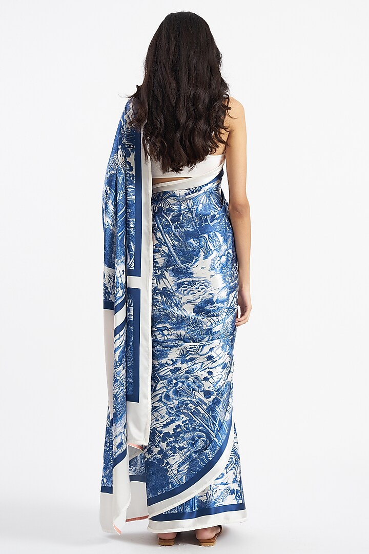 Dark Blue Silk Satin Crepe Printed Ranthambore Party Wear Saree by Kshitij Jalori at Pernia's Pop Up Shop