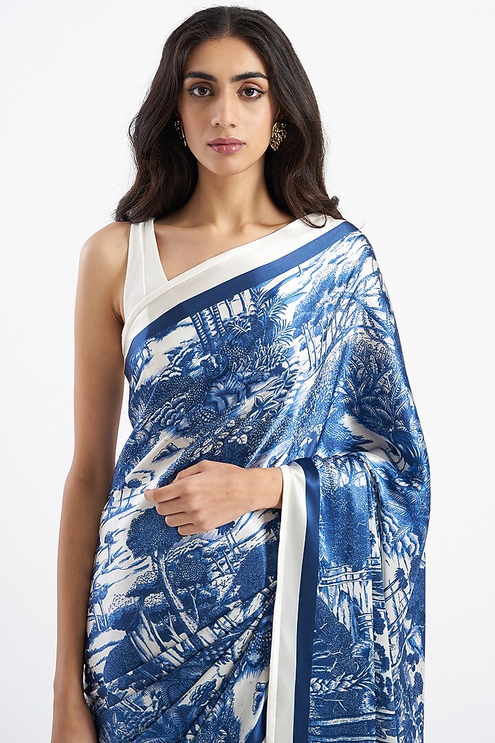 Dark Blue Silk Satin Crepe Printed Ranthambore Party Wear Saree by Kshitij Jalori at Pernia's Pop Up Shop