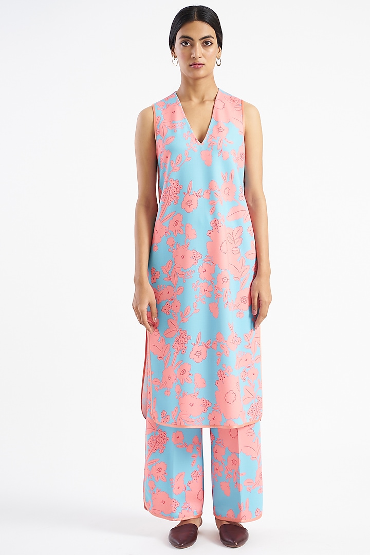 Powder Blue Floral Printed Kurta Set by Kshitij Jalori at Pernia's Pop Up Shop