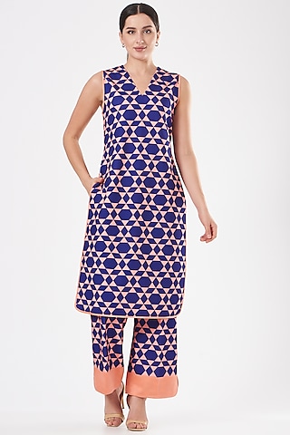 Dark Blue Geometric Printed Kurta Set by Kshitij Jalori