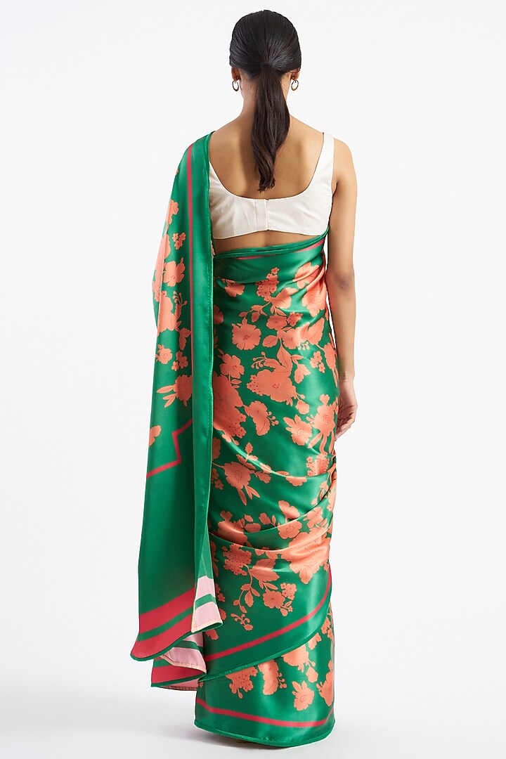 Leaf Green Silk Satin Crepe Floral Printed Party Wear Saree by Kshitij Jalori at Pernia's Pop Up Shop