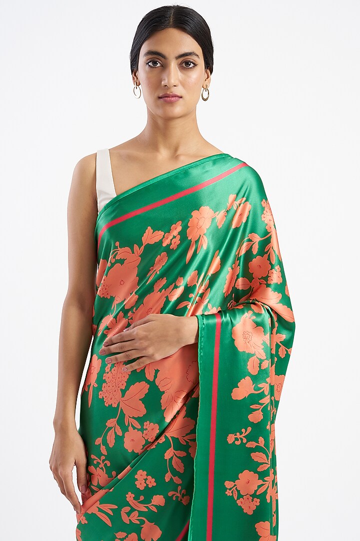 Leaf Green Silk Satin Crepe Floral Printed Party Wear Saree by Kshitij Jalori at Pernia's Pop Up Shop