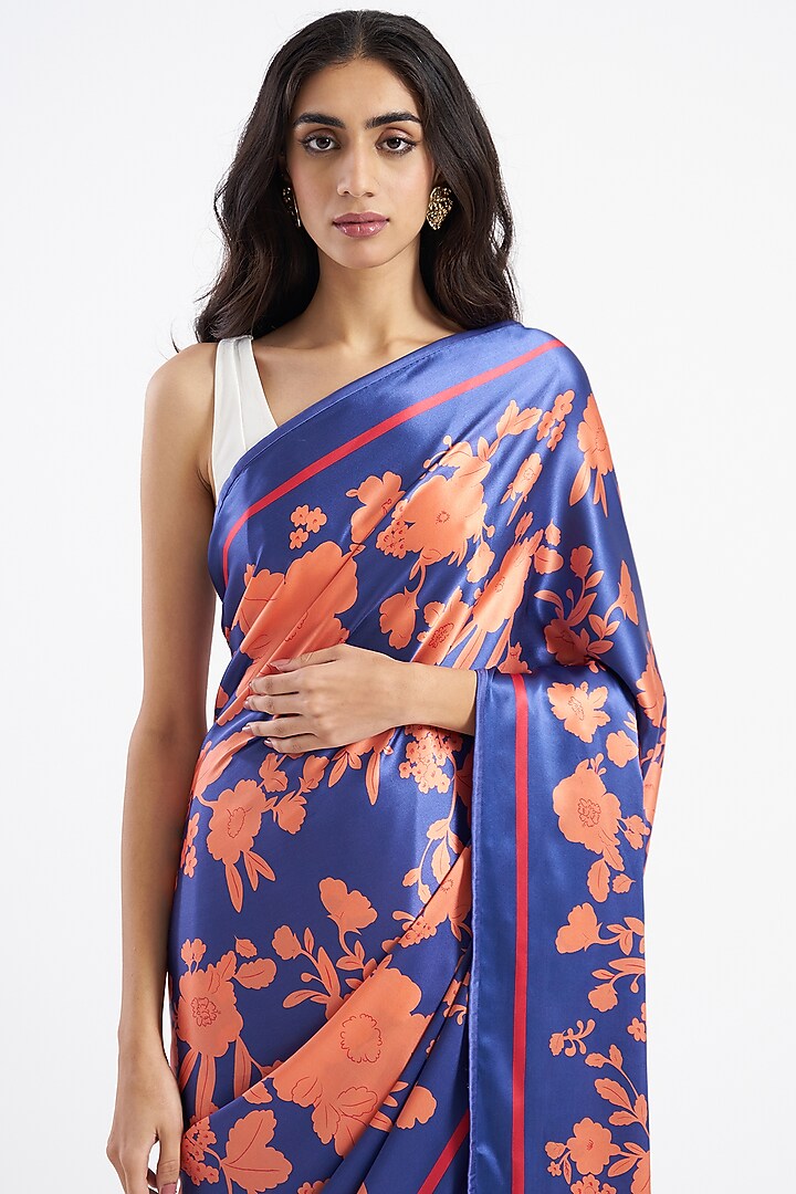 Violet Silk Satin Floral Printed Pali Party Wear Saree by Kshitij Jalori at Pernia's Pop Up Shop