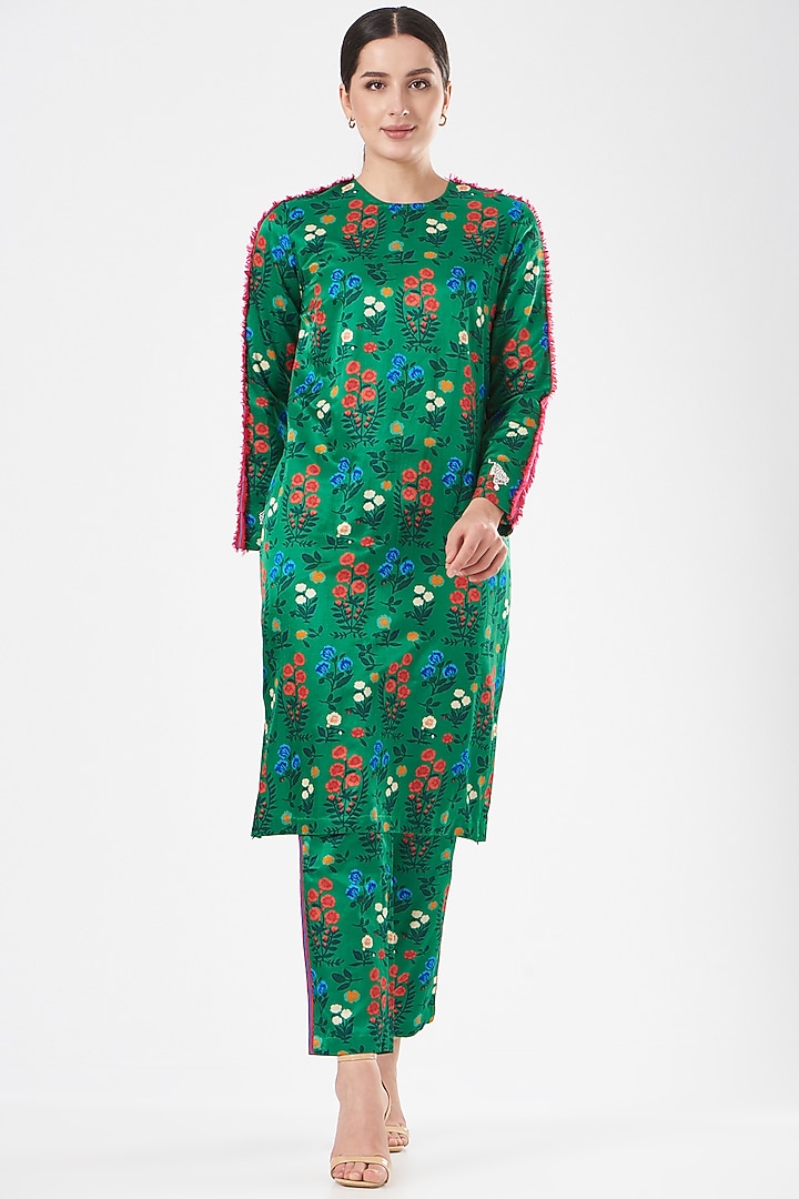 Dark Green Floral Printed Kurta Set by Kshitij Jalori at Pernia's Pop Up Shop
