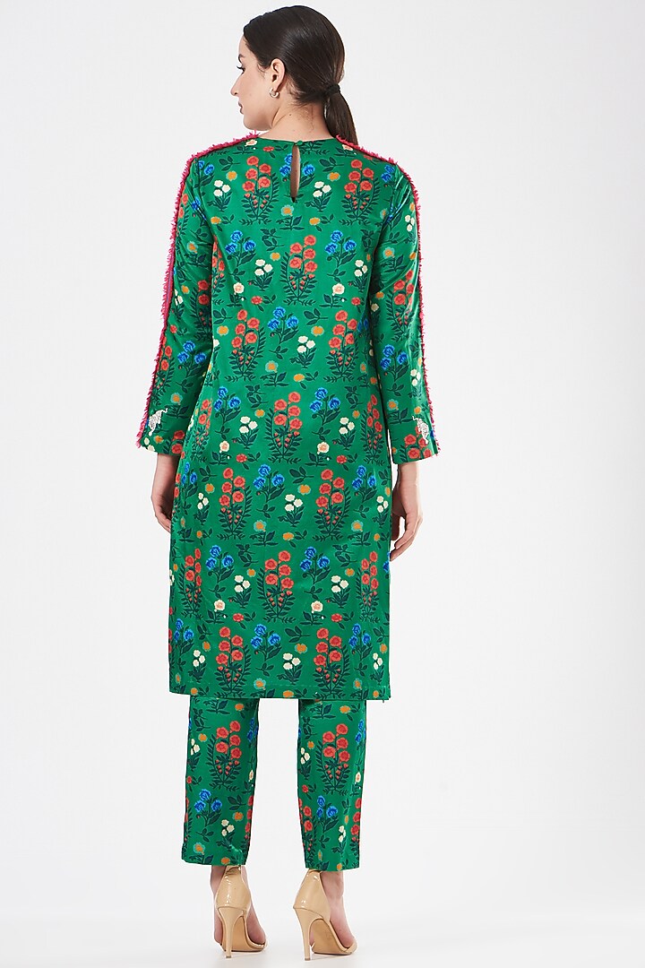 Dark Green Floral Printed Kurta Set by Kshitij Jalori at Pernia's Pop Up Shop