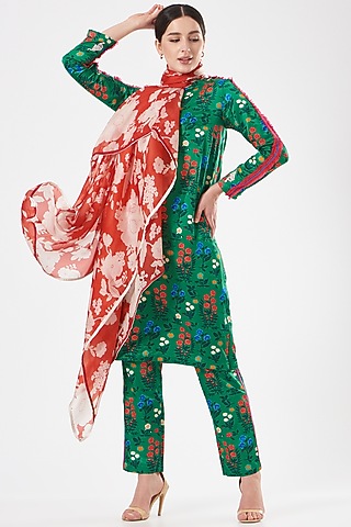 Red Floral Printed Scarf by Kshitij Jalori