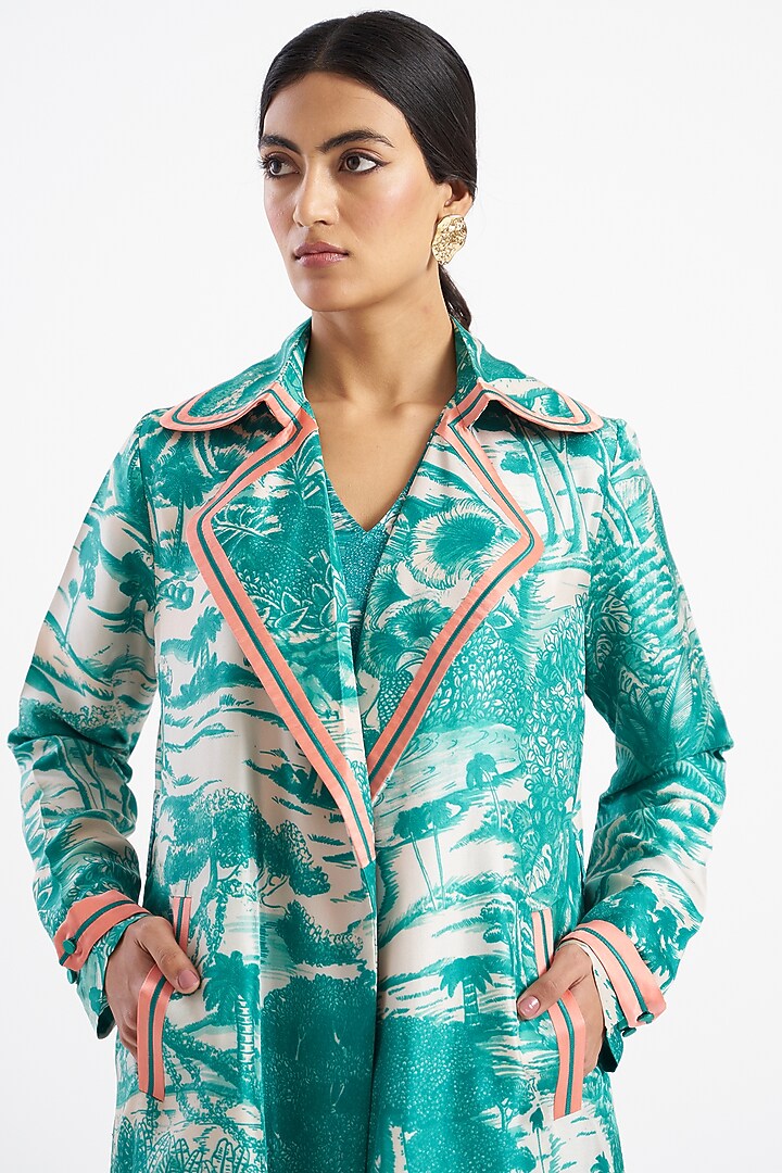 Jade & Ivory Silk Twill Trench Jacket by Kshitij Jalori at Pernia's Pop Up Shop