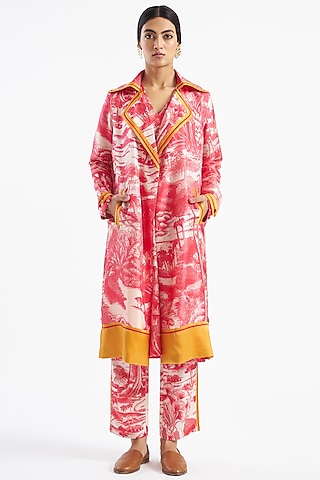 Ruby Red & Ivory Printed Trench Jacket by Kshitij Jalori