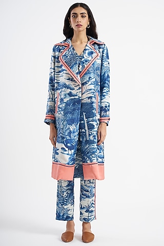 Tanzanite Blue & Ivory Printed Trench Jacket by Kshitij Jalori