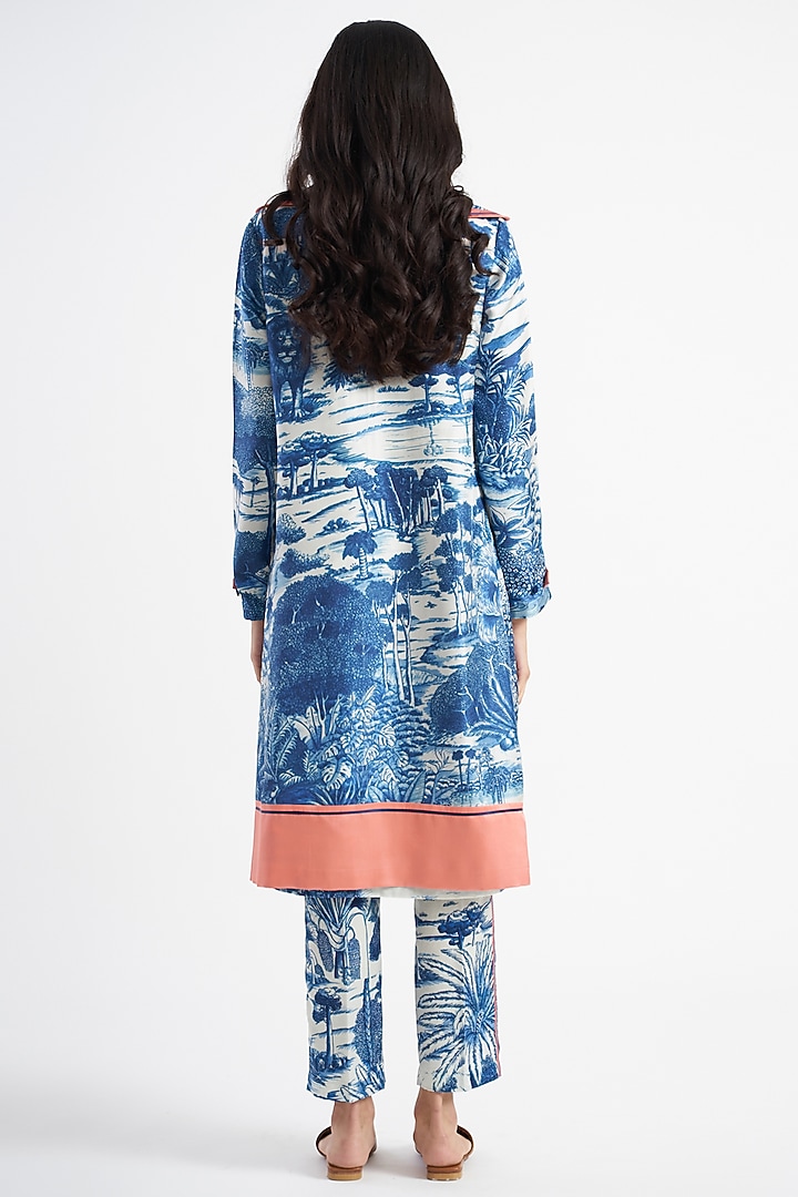 Tanzanite Blue & Ivory Printed Trench Jacket by Kshitij Jalori at Pernia's Pop Up Shop