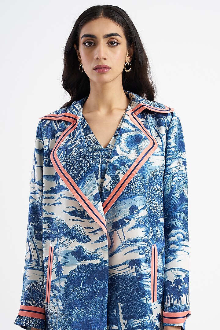 Tanzanite Blue & Ivory Printed Trench Jacket by Kshitij Jalori at Pernia's Pop Up Shop