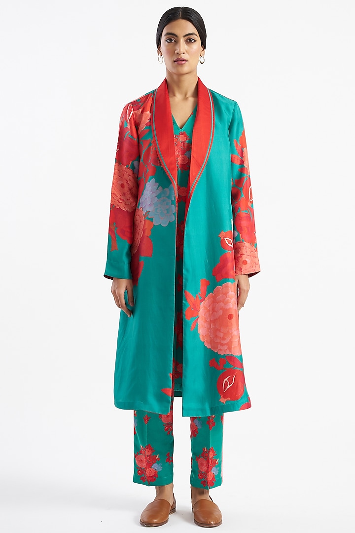 Deep Jade Floral Printed Robe Jacket by Kshitij Jalori