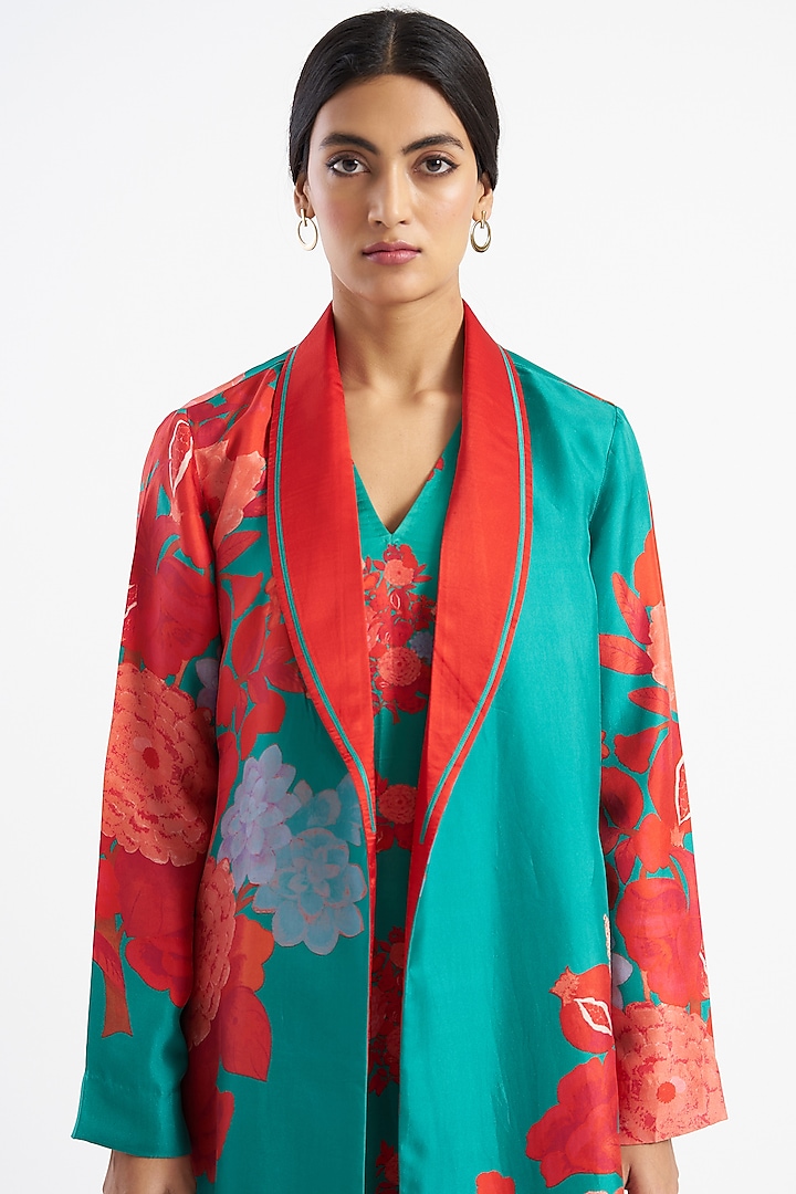Deep Jade Floral Printed Robe Jacket by Kshitij Jalori at Pernia's Pop Up Shop