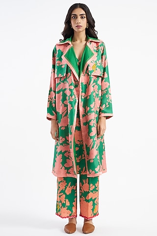 Peridot Green Printed Trench Jacket by Kshitij Jalori