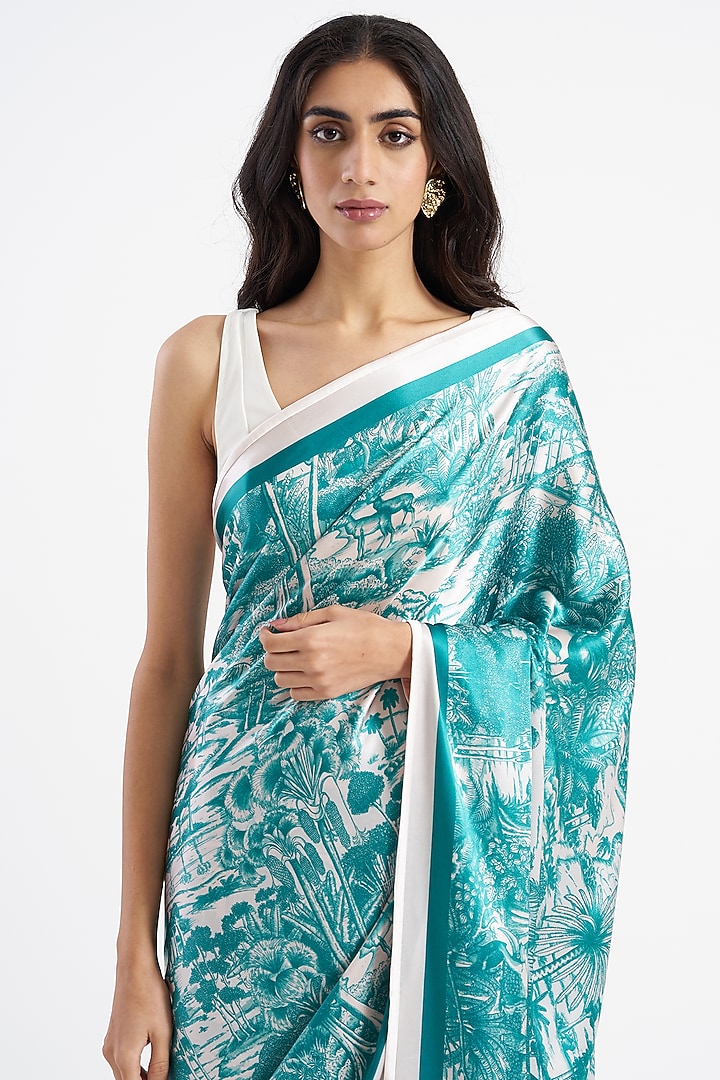 Jade Silk Satin Crepe Printed Party Wear Saree by Kshitij Jalori at Pernia's Pop Up Shop