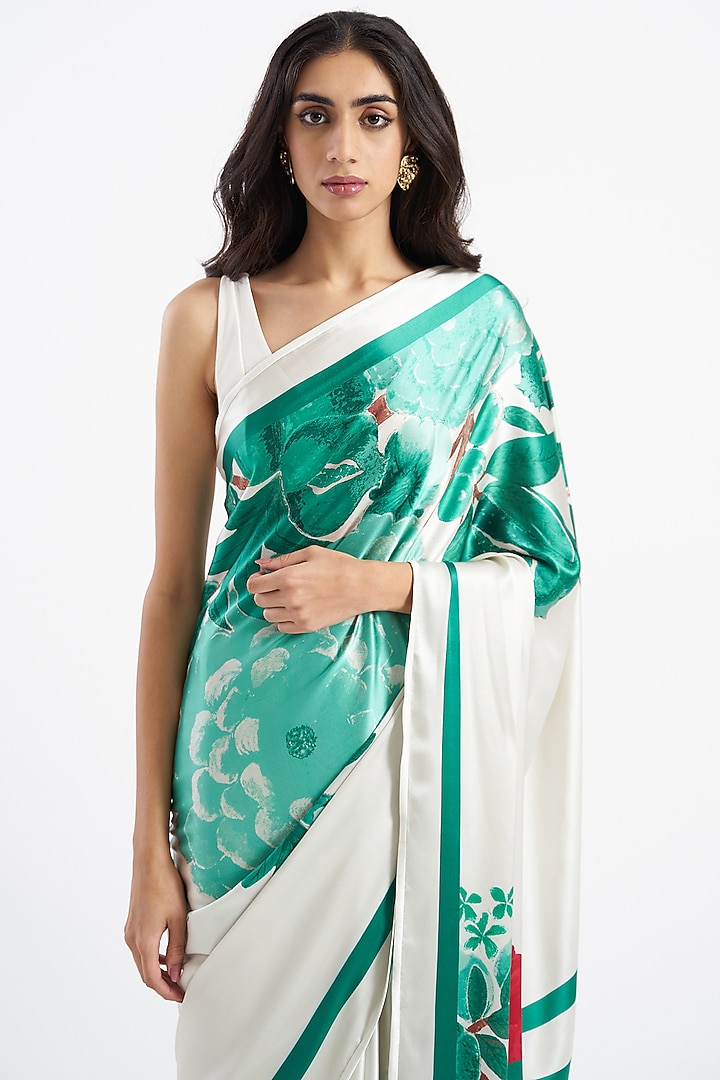 Jade Silk Satin Crepe Floral Printed Party Wear Saree by Kshitij Jalori at Pernia's Pop Up Shop
