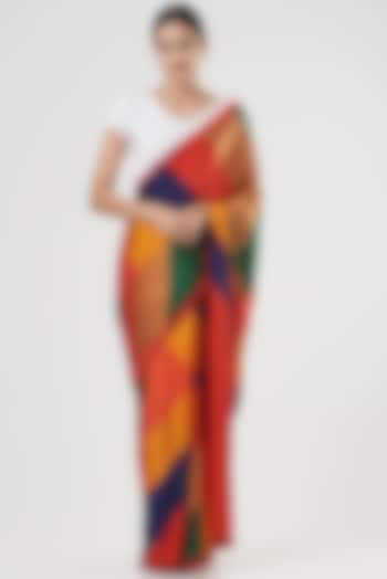 Multi-Colored Silk Satin Crepe Stripe Digital Printed Saree by Kshitij Jalori