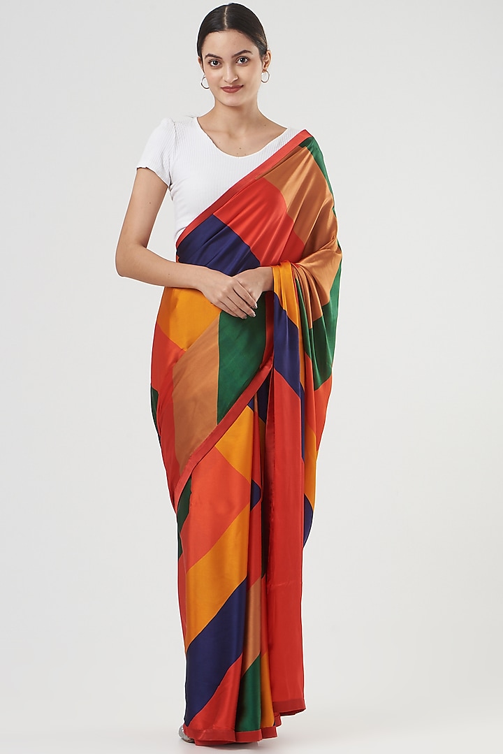 Multi-Colored Silk Satin Crepe Stripe Digital Printed Saree by Kshitij Jalori