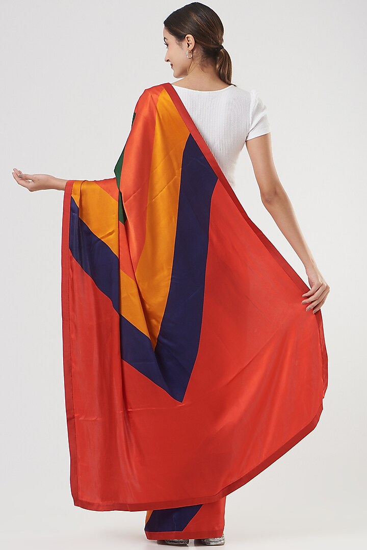 Multi-Colored Silk Satin Crepe Stripe Digital Printed Party Wear Saree by Kshitij Jalori at Pernia's Pop Up Shop