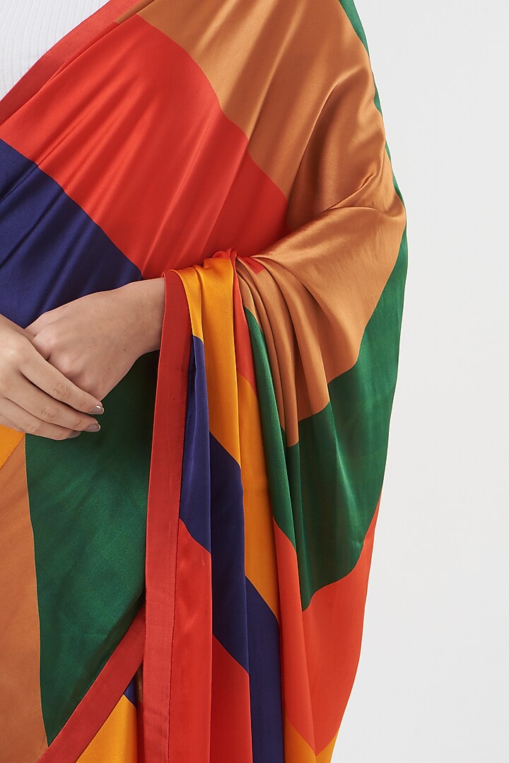 Multi-Colored Silk Satin Crepe Stripe Digital Printed Party Wear Saree by Kshitij Jalori at Pernia's Pop Up Shop