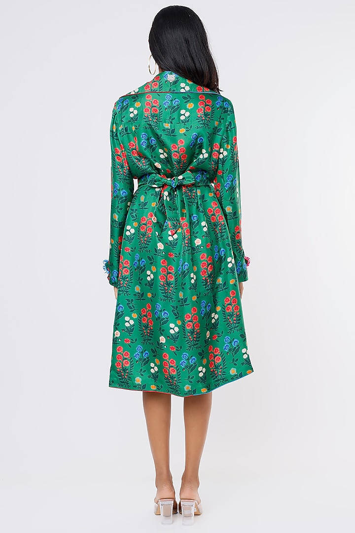 Dark Green Cotton Silk Satin Printed Jacket Cocktail Dress by Kshitij Jalori at Pernia's Pop Up Shop