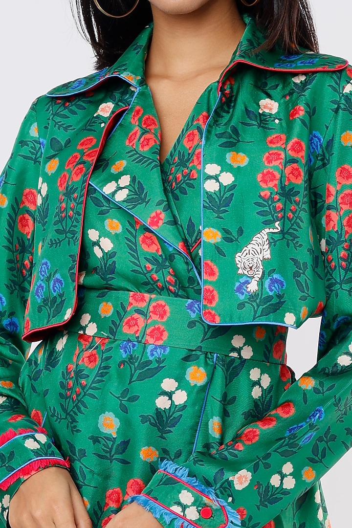 Dark Green Cotton Silk Satin Printed Jacket Cocktail Dress by Kshitij Jalori at Pernia's Pop Up Shop
