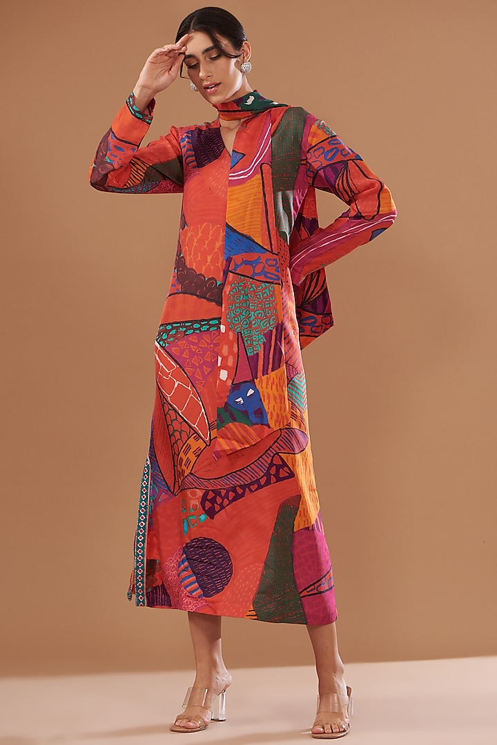 Multi-Colored Silk Twill Printed Kaftan by Kshitij Jalori