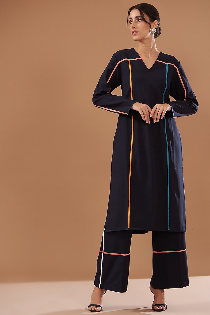 Deep Navy Italian Crepe Kurta Set by Kshitij Jalori at Pernia's Pop Up Shop