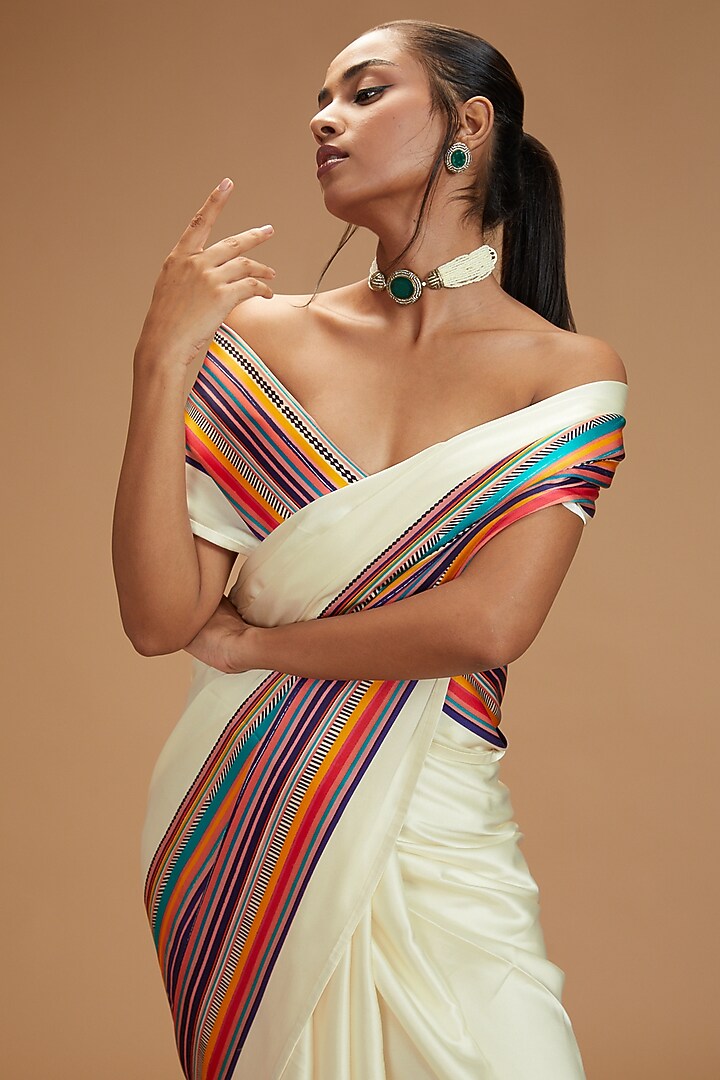 White Silk Satin Crepe & Silk Organza Printed Party Wear Saree by Kshitij Jalori at Pernia's Pop Up Shop