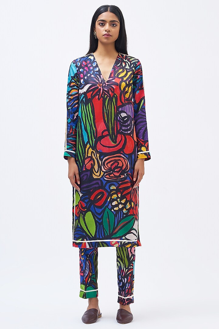 Multi-Colored Cotton Silk Satin Printed Kurta Set by Kshitij Jalori at Pernia's Pop Up Shop